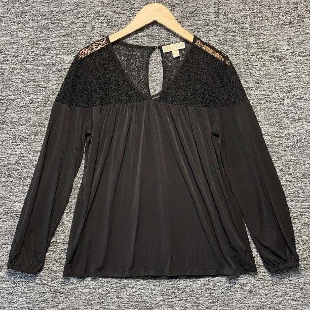Michael Kors Lace Yoke Blouse Womens‎ Medium Black Romantic Whimsigoth Swing Top